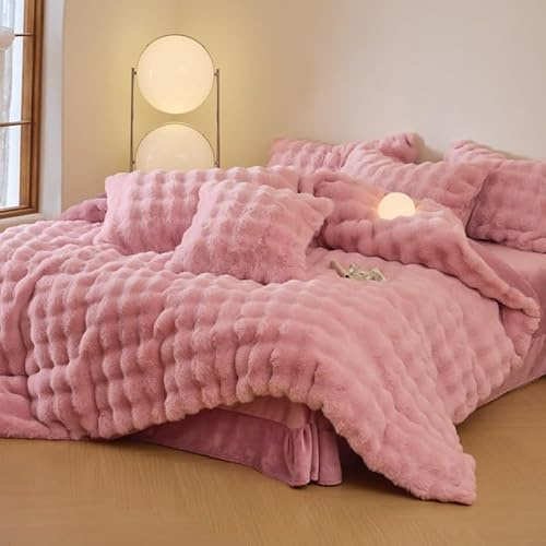 Copripiumino in pelliccia sintetica soffice, in velluto, con coniglio, in peluche, reversibile, invernale, caldo, 4 pezzi, set di biancheria da letto di lusso, morbido e peloso, con chiusura a c