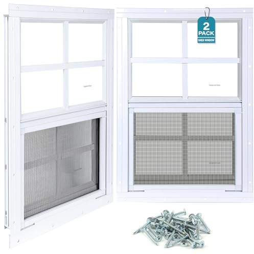 Melkus 2 Pack Shed Windows,18x27 Flush Mount Chicken Coop Windows with Thicker Tempered Glass and Screen, Sliding Windows for Chicken Coop, Shed, Garage, Playhouse, Barn,Greenhouse, White