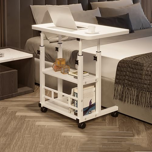 Mobiler Stehpult mit verstellbarer Höhe und Ablageflächen, rollbarer Laptopwagen auf Rädern für Sofa, Couch, C-förmiger Beistelltisch (Bianco, 60 x 40 cm)