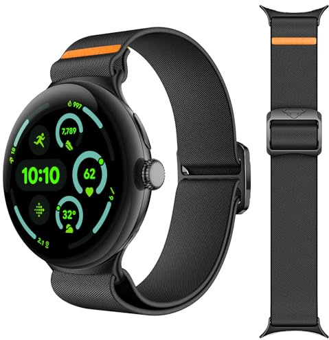 Kamita Nylonarmband kompatibelt med Google Pixel Watch 3 2 1 41 mm, flexibla justerbara sportband för män och kvinnor, elastisk flätad spårögla för Pixel Watch 3 2 1 (svart)