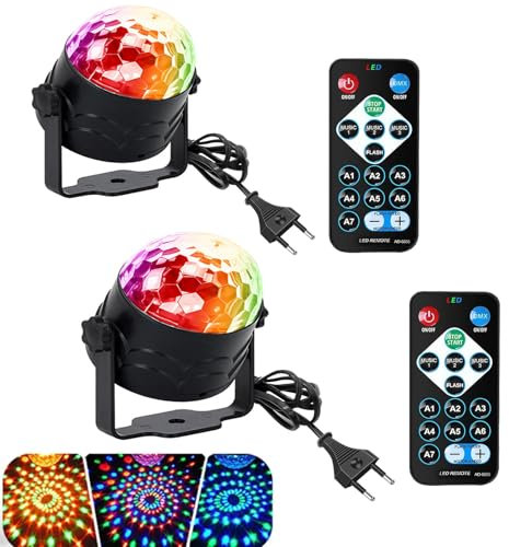 LED Discokugel Discolicht DJ Partylicht 3W RGB Party Disco Lights Musikgesteuert mit Fernbedienung 360° Rotierend mit Stecker Disco Kugel Bühnenlichter für Geburtstag Weihnachten KTV Home 2 Stück