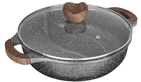 Sitram 716948 Sauteuse 2 compartiments Ø28 cm en fonte d’aluminium – Revêtement anti-adhérent sans PFOA effet pierre – Marmite Shabu avec couvercle en verre – Tous feux dont induction