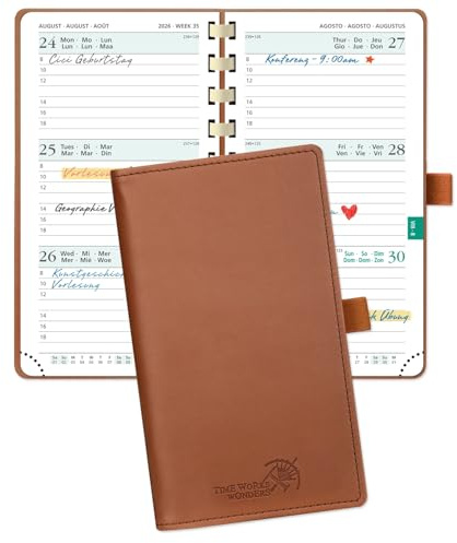 POPRUN Taschenkalender 2026 Klein 16,5 x 9 cm (Jan.2026-Dez.2026) - Kalender 2026 Klein Ringbuch mit Softcover - Terminplaner, Planer 1 Woche 2 Seite mit Kartenschlitz - Braun