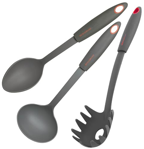 Fackelmann Set di mestoli da cucina 3 pezzi, mestoli da cucina resistenti al calore fino a 200 °C, cucchiaio, mestolo e cucchiaio servispaghetti, Linea Red