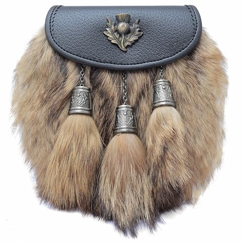 Falda escocesa tradicional escocesa Sporran, emblema de cardo de los Sporrans, solapa de cuero y 3 borlas, elegante falda escocesa hecha a mano con cinturón de cadena, Black, Estándar, Cardo, piel