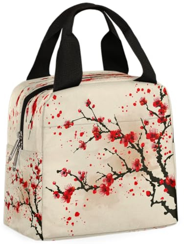 Mexpekil Lonchera térmica roja japonesa con flores de cerezo floral para niños y niñas, bolsa térmica para el almuerzo para mujeres y hombres, lonchera para la escuela y el trabajo