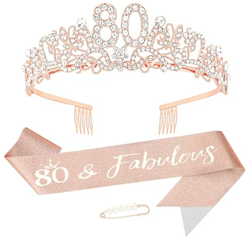 KIUEZIR Rose Gold Birthday Tiara and Sash Set - Elegant Floral Rhinestone & Alloy 80th Crown Headband with Comb & Soft Glitter Fabric Sash, Women's Party Hair Accessories for 80th Birthday