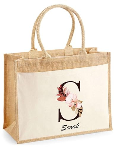Planetee Cabas jute avec poche Sarah Lettre Fleur - Cadeau Anniversaire Femme Noël Fête des Mères Sac de Shopping avec grande pochette