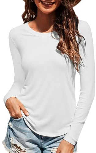 Wayleb Maglia Donna Maniche Lunghe Collo Rotondo – T-Shirt Semplice in Cotone – Top Basic Casual per Ufficio, Tempo Libero – Bianco XL