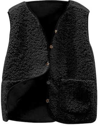 Generisch Teddy Fleece Weste Damen Fleecejacke V-Ausschnitt Knöpfen Teddyfleece Ärmellos Jacke Kurz Winter Warm Teddyweste Outdoor Winterjacke Plüschweste Übergangsjacke Pelzjacke