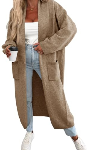 Fisoew Chaqueta de punto para mujer, cárdigan largo, de manga larga, oversized de punto, con bolsillos frontales abiertos., caqui, L