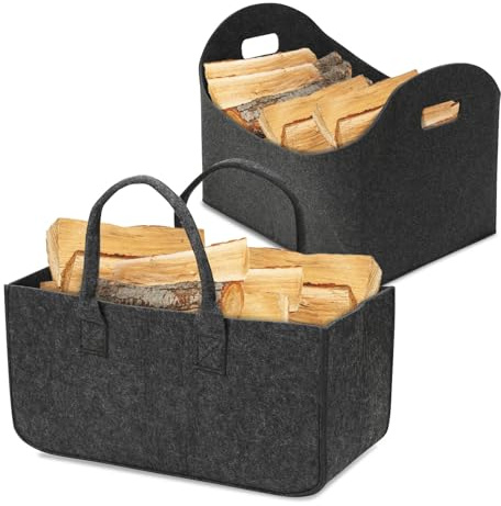 Eikuavons 2er Set Filztaschen für Feuerholz - XXL Tragbare Einkaufskörbe (50x25x25cm, Dunkelgrau) - 30kg Pro Tasche, Zusammenklappbar mit Verstärkten Griffen