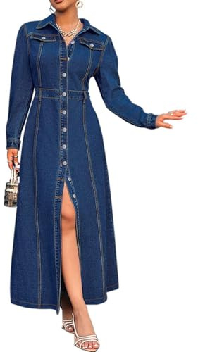 ORANDESIGNE Abito Jeans Donna Lungo Abito Jeans Manica Lunga Autunno Camicia Vestito Denim Curvy Maxi Abiti Vita Alta B Blu Scuro L