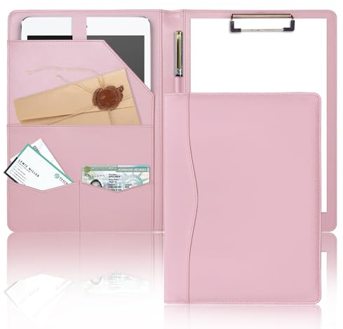 Padfolio Portfolio Binder, Leder Klemmbrettmappe Aktentasche Loseblatt Ordner mit Einband Braun Ordner mit Taschen Lebenslaufmappe für Business Büro Meeting Männer Frauen Business (Rosa, A4)