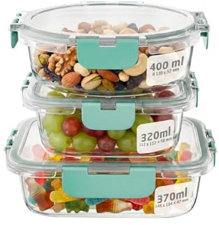 Amig - Set di 3 contenitori ermetici in vetro per alimenti - Capacità: 400 ml / 370 ml / 320 ml - Rotondo, rettangolare e quadrato - Per microonde, congelatore e lavastoviglie - Colore verde