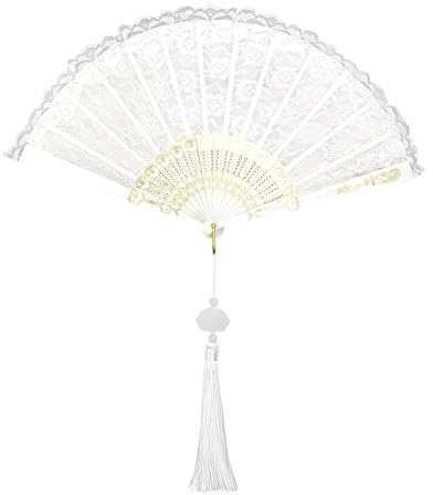 White Lace Folding Fan, Elegant Hand Held Fans Folding, Retro Lace Hand Fan Foldings with Pendant, White Fans Handheld Foldings Gifts for Bride Wedding Women Dancing Birthday Party Cosplay