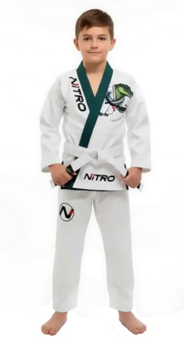 Kids Premium BJJ Gi - FREE WHITE BELT - Green Lapel - Lightweight - Alligator - Brazilian Jiu Jitsu Kid's Uniform (M0)