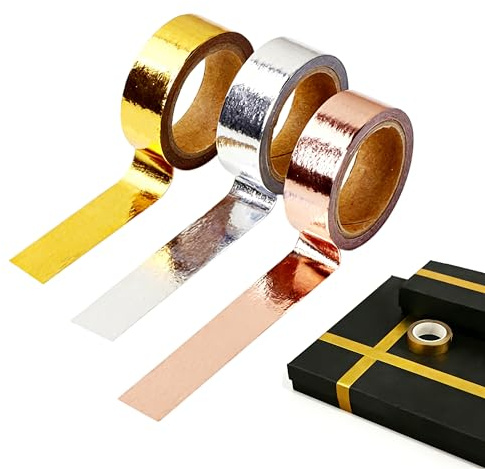 PMELCXD 6 Rollos De Cinta Washi Adhesiva Metálica De 15mm x 5m En Dorado, Plateado Y Oro Rosa, Autoadhesiva para Decoración De Regalos, Álbumes, Azulejos Y Manualidades Creativas