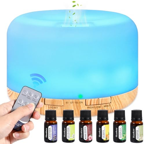 JUQG 500ML Difusor Aceites Esenciales, Humidificador de Aromas con 6x10ml Aceites Esenciales, Difusor Ultrasónico con Mando a Distancia para Sala de Estar Dormitorio Yoga Oficina - 7 Colores LED