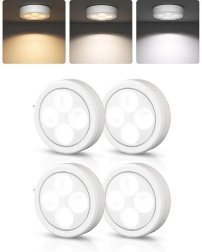 EZVALO LED Puck Lights, 4 Pack Rechargeable Touch Light, 3'' Mini Tap Lights, Wireless Closet & Under Cabinet Lighting, 3 Colour Temps, Stick On Lights for Kitchen, Closet, Pantry, Shelves
