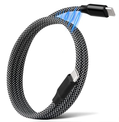 Câble USB C vers USB C Magnétique Enroulé, 60W Cordon de Charge Rapide 1m | Câble USB C Magnétique pour Voiture, Chargeur Rétractable, Anti-Nœuds Reste Nylon Tressé de Type-C pour iPhone 17/Samsung