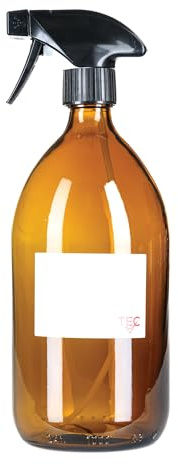 TEC 1 Litre Amber Glass Spray Bottle 65% Recycled Glass UK Made | 1l Large Cleaning Hair Water Oil Gardening Mist Essential Oils Recyclable Labels Wrapped Sustainable Paper