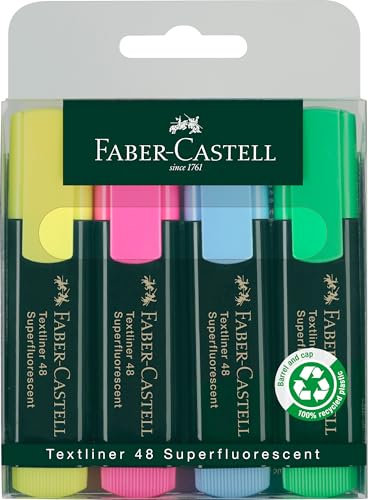 FABER-CASTELL 154804 - Textmarker Set TL 48, 4er Etui, Neon Farben, mit langlebiger Keilspitze, Strichbreite 1-5 mm, nachfüllbar