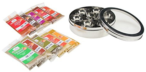 Global Kitchen Authentic Indian Stainless Steel Spice Tin/Masala Dabba with 10 Old India Spice Kit (Full Size Containers & Free Spoon) with See Through Lid (No.14 (24cm x 7cm))