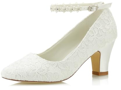 JIAJIA 62311A Kvinnor Brudskor Stängt Toe 7cm Tjock klack Spets Satäng Pumps Satäng Blomma Bröllopsskor Färg Elfenben,Storlek 35 EU (2.5 UK)