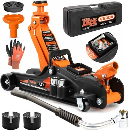 Hydrualischer Wagenheber 2,5T, 85-365mm, 3X Gummiauflage, Radmutterschlüssel, Rangierwagenheber mit Hebelstange 2in1 Auto Heber, PKW Profi Ständer, Flache, Wohnmobil Handschuhe, Tragekoffer