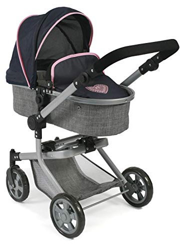 Bayer Chic 2000 - 59526 - Puppenwagen Mika, 2in1 Kombipuppenwagen für Kinder von 4 bis 8 Jahren, Melange grau-Navy, 47cm-80cm