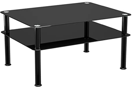 mahara Black Glass Coffee Table - Large side table with shelf and black aluminium legs - W80cm x D60cm x H41.5cm
