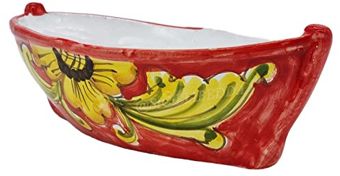 Sicilia Bedda - BARCA IN CERAMICA SICILIANA - Prodotto Artigianale dipinto a Mano - Lunghezza 19 Cm (Maioliche Rosse)