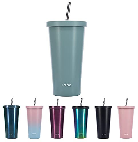 LoFone Isolierter Thermobecher mit Strohhalm, 500ml Doppelwandiger Thermobecher, Edelstahl-Kaffeetasse für eisige oder heiße Getränke (blau)