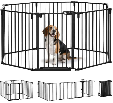 PawHut Cancelletto di Sicurezza Pieghevole 8 Sezioni in Acciaio Nero | Cancellino Barriera per Cani, Sistema di Blocco e Chiusura Automatica