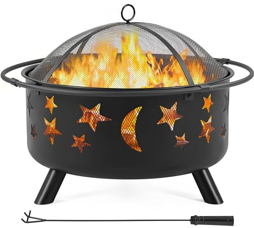 Yaheetech Large Fire Pit with Stars & Moons, Wood Burning Fir Pit with Poker & Mesh Cover for Backyard/Outdoor, Black