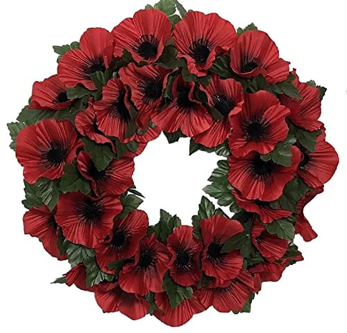 HOMESCAPES Artificial Poppy Wreath Red Poppies Remembrance Wreath with Faux Foliage, 35 cm Wide