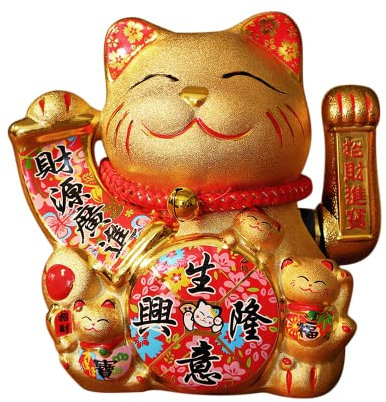 XIZHI 17,8 cm goldene Glückskatze mit winkendem Goldarm betrieben chinesische Feng Shui Dekoration Glücksbringer Katze für Geschäfte, Restaurants, Wohnzimmer