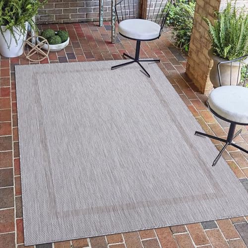Carpetsale24 Outdoor Teppich Wetterfest 140x200 cm Silber Bordüre Design Flachgewebe Waschbar für Wohnzimmer Esszimmer Balkon Terrasse