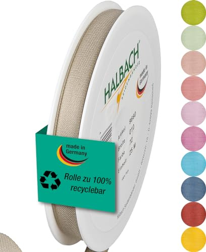 Halbach mattes Taftband, 10 mm x 25 m, leinen | Geschenkband in Baumwolloptik, Made in Germany, Ökt-Tex 100 zertifiziert und waschbar bei 30 Grad