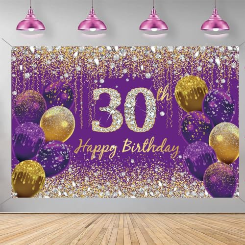 30. Geburtstag Deko für Frauen, Lila Glitzer Flecken Stoff Schild Plakat Geburtstag Party Dekoration Hintergrund Banner Frau, 30 Geburtstagsfeier Deko