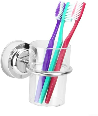 Porta bicchiere per spazzolino da denti a ventosa senza perforazione, con tazze, bicchiere singolo in vetro, montaggio a parete, porta spazzolino da denti in acciaio inossidabile 304, supporto in