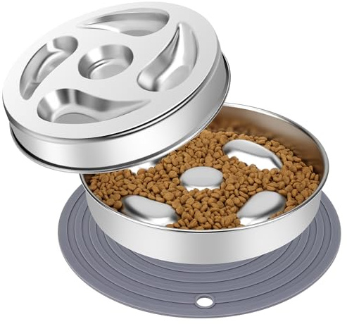 Slow Feeder Dog Bowl, ACEONE Stainless Steel Slow Feed with Non-Slip Silicone Mat, Metal Slow Feeding Pet Bowl for Medium Large Breeds(Bowl with Non-Slip Silicone Mat)