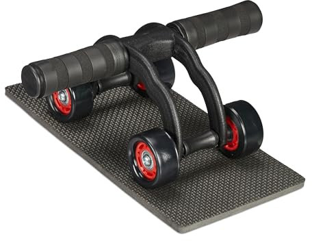 Relaxdays Bauchroller mit 4 Rädern, Bauchtrainer für Zuhause, Damen & Herren, Fitnessrolle mit Kniematte, schwarz/rot