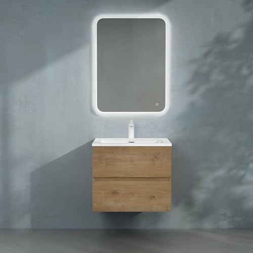doporro Badmöbel-Set Waschbecken-Unterschrank mit LED-Spiegel Badezimmer | Wandhängendes Badmöbel-Set mit Mineralguss-Waschbecken, LED-Spiegel – elegant & pflegeleicht 80x48x50cm in Kerneiche Aqualis