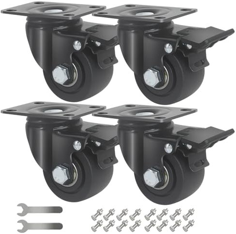 IQWTU 4 Ruote per Mobili Carico 1500 kg, 65MM Ruote per Carrello con Freni Rotelle Piatte, Nylon Ruote Girevoli a 360°, Ruote Industriali con Piastra, Cuscinetti Doppi Rotelle per Impieghi Gravosi