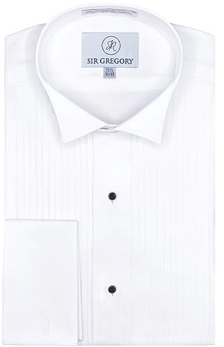 Sir Gregory Men's Regular Fit Tuxedo Shirt 100% Cotton Wing Collar French Cuff 1/4 Inch Pleat 17.5 Neck 34/35 Sleeve White