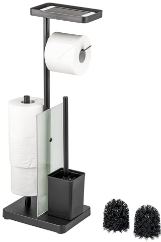eluno Stand-WC-Garnitur 4in1, freistehende Toilettengarnitur inklusive WC-Bürste, 2 Ersatzbürstenköpfe, (Ersatz-) Rollenhalter für 3 Rollen, Ablage, satiniertes Glas und Metall (Schwarz)
