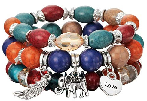 Pyugxab 2601-1 E modische Boho-Armbänder und Armreifen, Damen-Perlenarmband mit buntem Edelstein, langes Wickelarmband für Damen, 3 Stück, Glasperlen