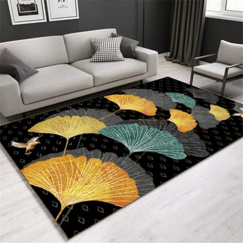 Xiaosua Aesthetic Teppich160x220CM Fußmatte Schmal Teppich für kinderzimmer Ginkgoblatt-Teppich farbenfroher schmutzabweisender Teppich Schwarz Large Square Floor Cushions Velvet